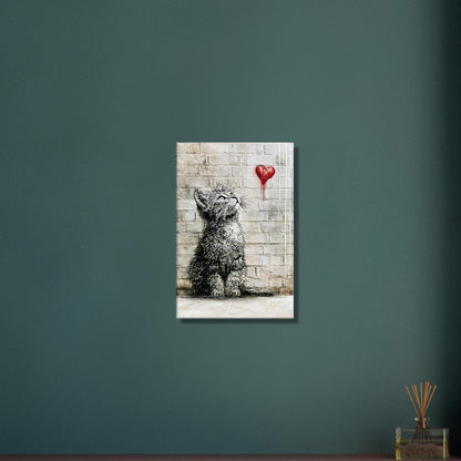 Kleine Katze im Banksy Stil blickt auf ein rotes Herz hoch auf einer Leinwand
