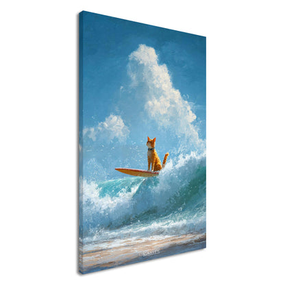 Orange Katze, bekannt auch als Garfield, surft auf dem Wasser auf einer Leinwand