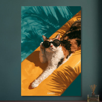 Katze mit einer Sonnenbrille faulenzt auf einem Surfbrett unter einer Palme auf Aluminium