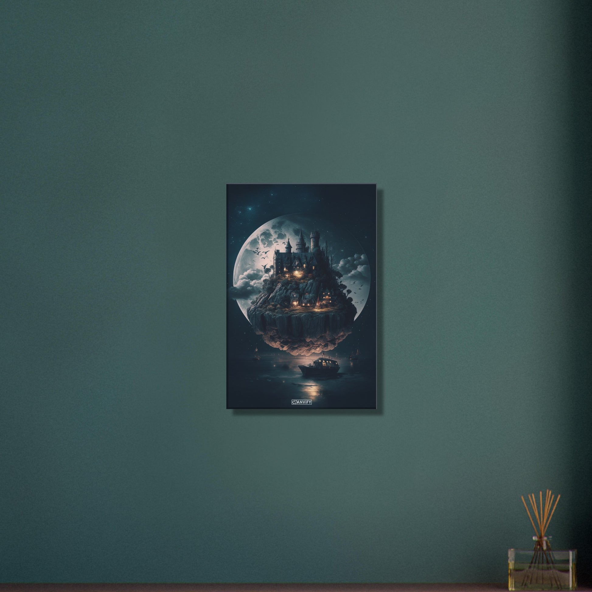 Vollmond mit magischem Schloss im Stil von Hogwarts auf einer Leinwand