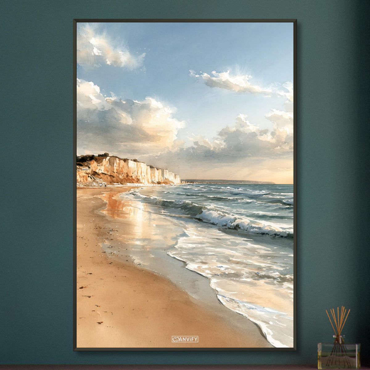 Kreidefelsen in Aquarellfarben bei Sonnenuntergang auf einem Poster im Metallrahmen