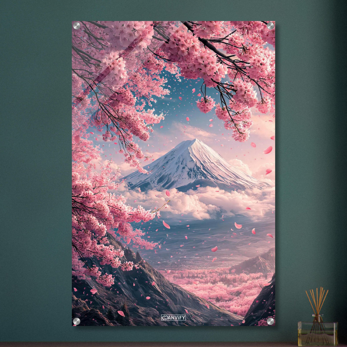 Japanischer Kirschblütenbaum mit Blick auf den Berg Fuji auf einem Acrylbild
