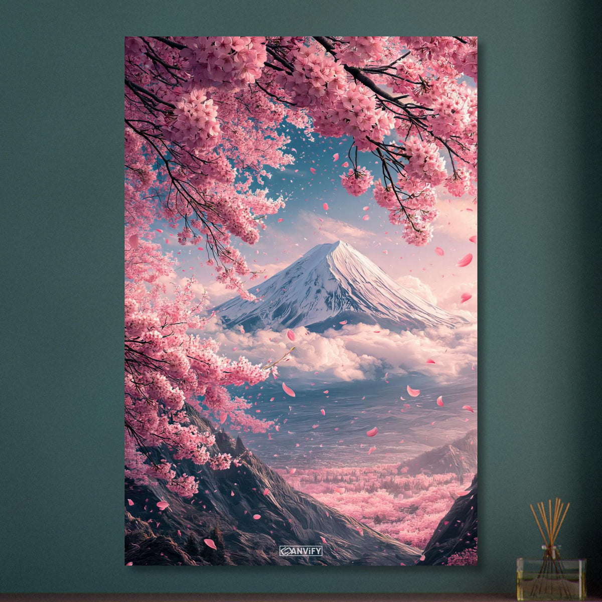 Japanischer Kirschblütenbaum mit Blick auf den Berg Fuji auf Aluminium