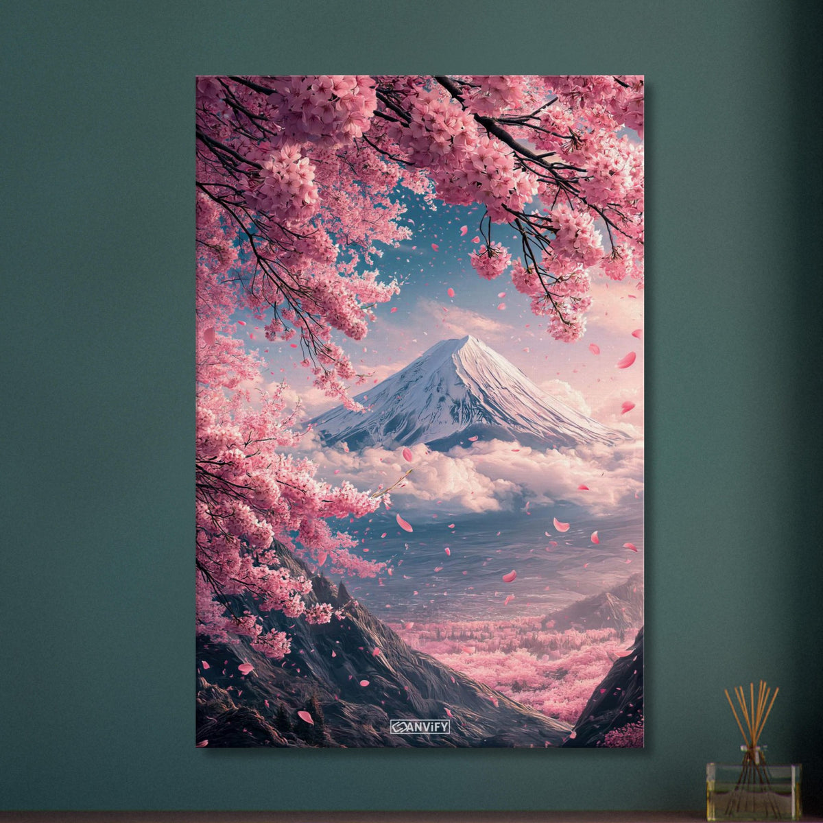Japanischer Kirschblütenbaum mit Blick auf den Berg Fuji auf einer Leinwand