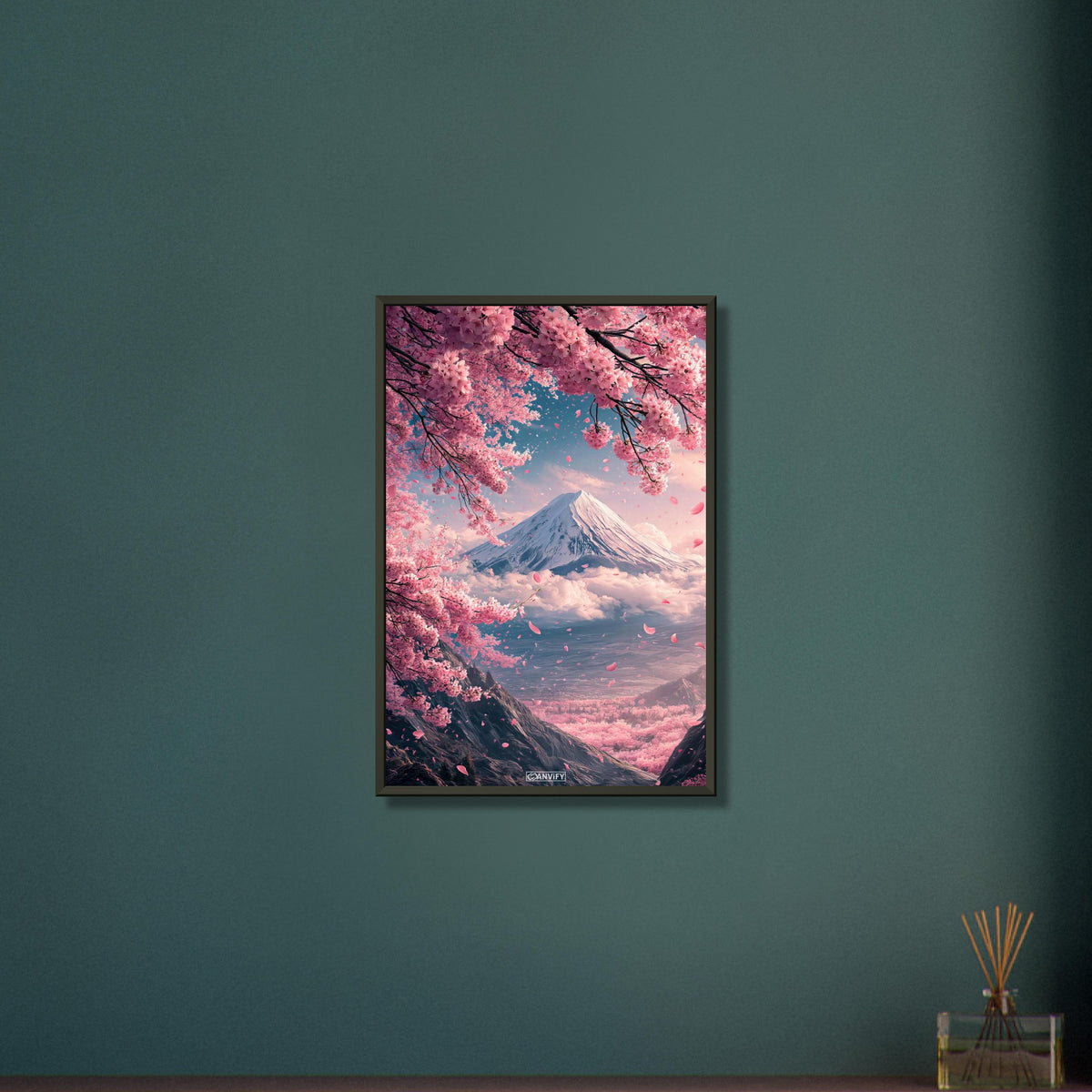 Japanischer Kirschblütenbaum mit Blick auf den Berg Fuji auf einem Poster im Metallrahmen