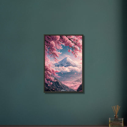 Japanischer Kirschblütenbaum mit Blick auf den Berg Fuji auf einem Poster im Metallrahmen