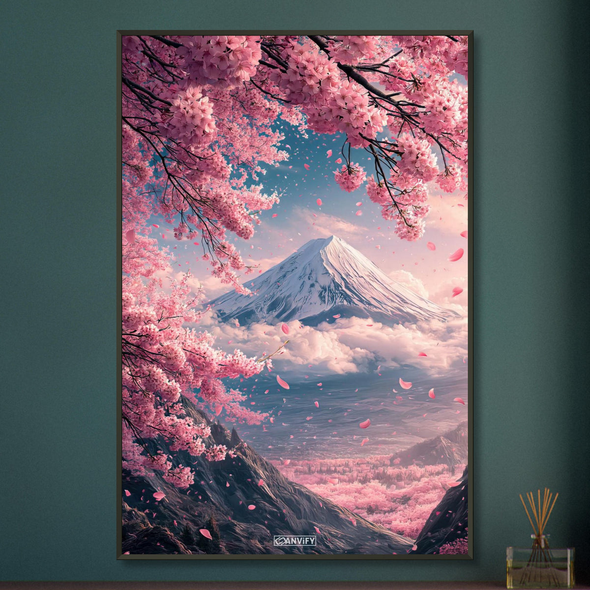 Japanischer Kirschblütenbaum mit Blick auf den Berg Fuji auf einem Poster im Metallrahmen