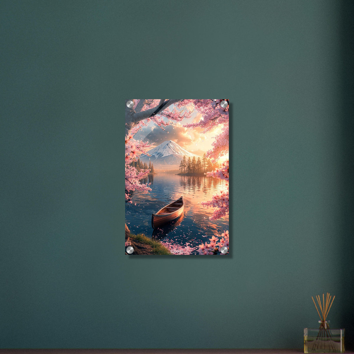 Kanu unter einer japanischen Blütenkirsche im Wasser vor dem Berg Fuji bei Sonnenuntergang auf einem Acrylbild
