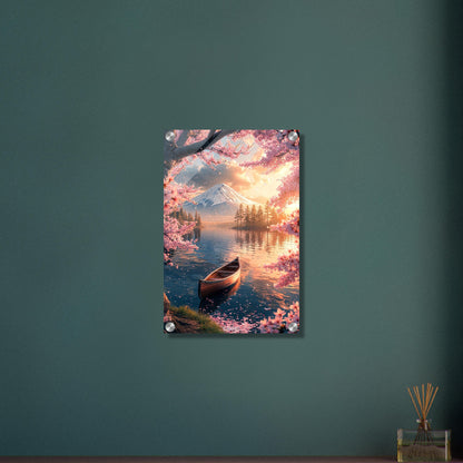 Kanu unter einer japanischen Blütenkirsche im Wasser vor dem Berg Fuji bei Sonnenuntergang auf einem Acrylbild
