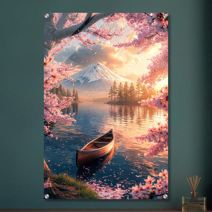 Kanu unter einer japanischen Blütenkirsche im Wasser vor dem Berg Fuji bei Sonnenuntergang auf einem Acrylbild