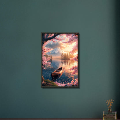 Kanu unter einer japanischen Blütenkirsche im Wasser vor dem Berg Fuji bei Sonnenuntergang auf einem Poster im Metallrahmen