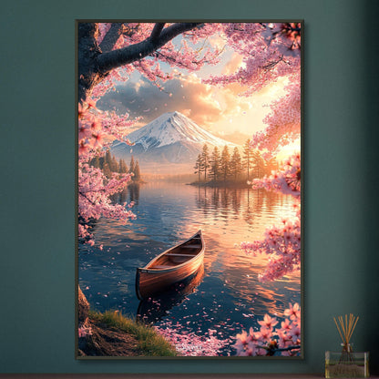 Kanu unter einer japanischen Blütenkirsche im Wasser vor dem Berg Fuji bei Sonnenuntergang auf einem Poster im Metallrahmen