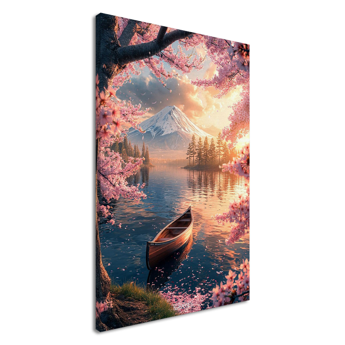 Kanu unter einer japanischen Blütenkirsche im Wasser vor dem Berg Fuji bei Sonnenuntergang auf einer Leinwand