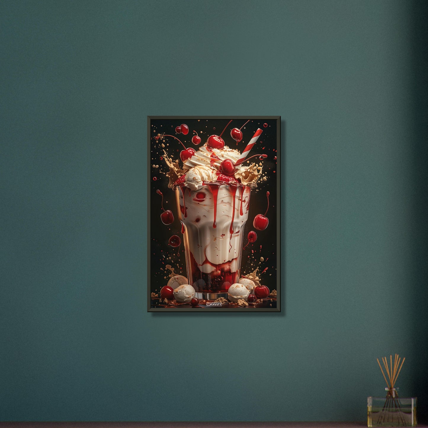 Kirsch-Milchshake mit Vanille Eiscreme auf einem Poster im Metallrahmen