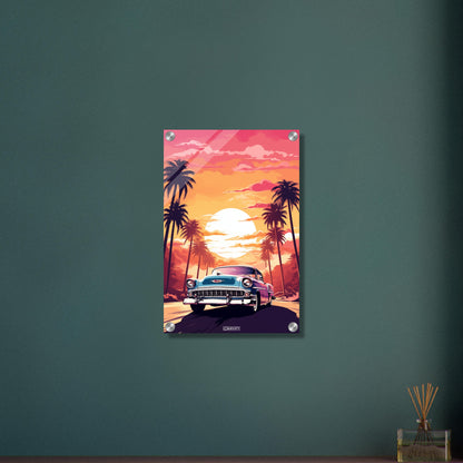 1951 Cadillac Series 62 in blauer Farbe beim Sonnenuntergang mit Palmen malerisch dargestellt auf einem Acrylbild