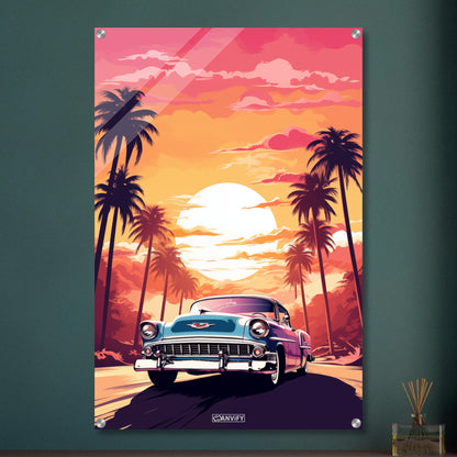 1951 Cadillac Series 62 in blauer Farbe beim Sonnenuntergang mit Palmen malerisch dargestellt auf einem Acrylbild