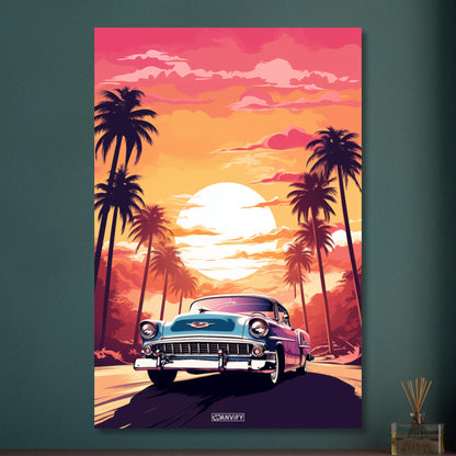 1951 Cadillac Series 62 in blauer Farbe beim Sonnenuntergang mit Palmen malerisch dargestellt auf Aluminium