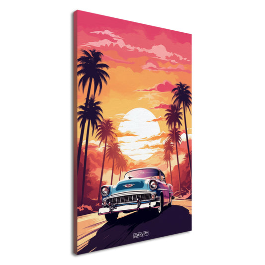 1951 Cadillac Series 62 in blauer Farbe beim Sonnenuntergang mit Palmen malerisch dargestellt auf einer Leinwand