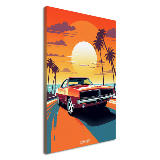 1969 Pontiac GTO in roter Farbe bei einem Sonnenuntergang mit Palmen malerisch dargestellt auf einer Leinwand