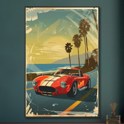 Austin-Healey 3000 in roter Farbe mit zwei weißen Streifen in der Mitte an der Westcoast malerisch dargestellt auf einem Poster im Metallrahmen