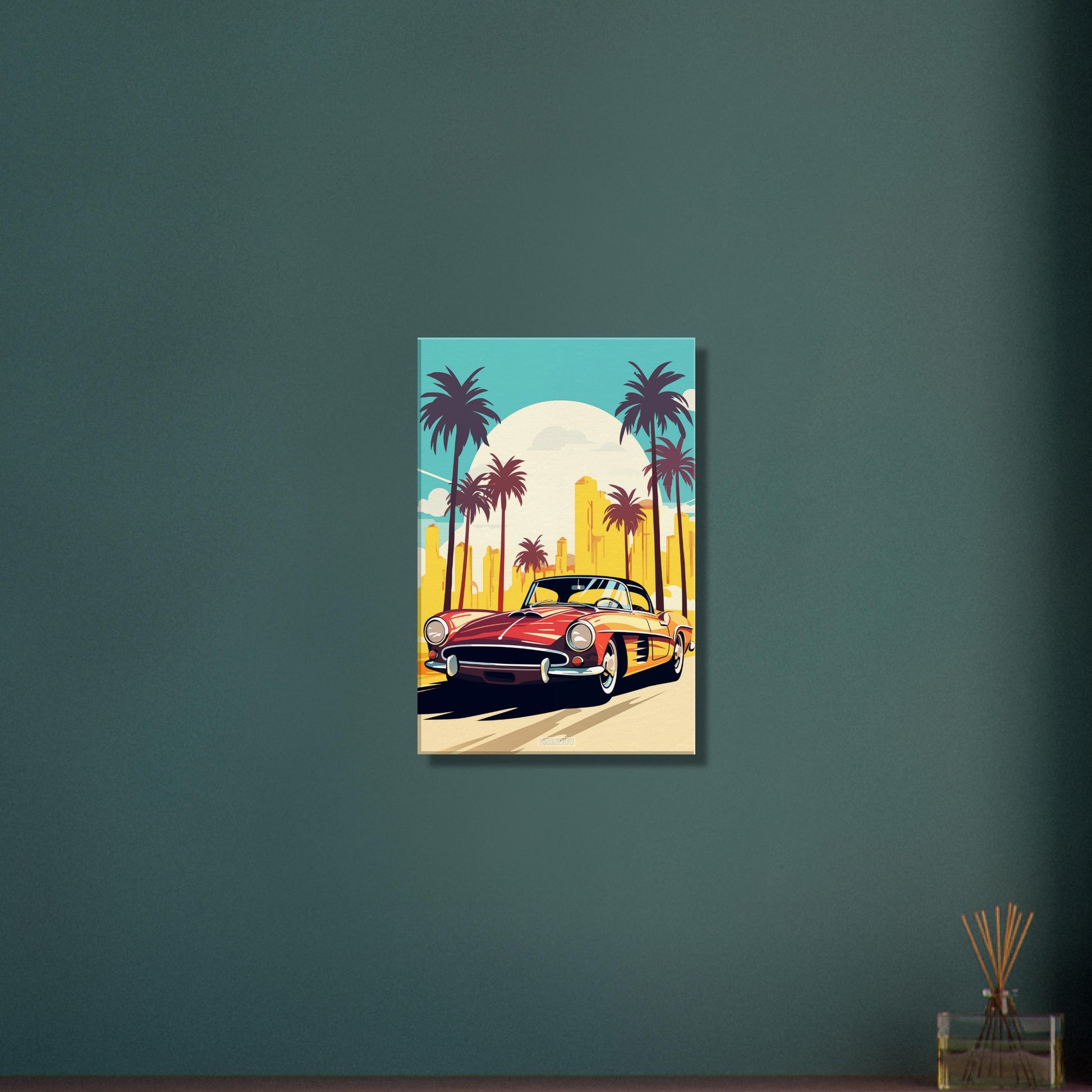 Mercedes-Benz 190 SL in roter Farbe mit Palmen in Miami malerisch dargestellt auf einer Leinwand