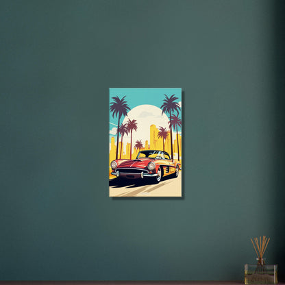 Mercedes-Benz 190 SL in roter Farbe mit Palmen in Miami malerisch dargestellt auf einer Leinwand