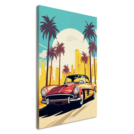 Mercedes-Benz 190 SL in roter Farbe mit Palmen in Miami malerisch dargestellt auf einer Leinwand