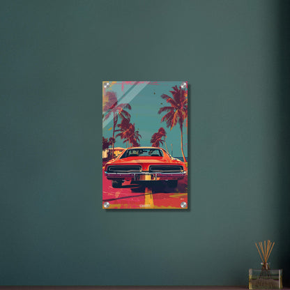 Dodge Challenger aus dem Jahr 1970 in roter Farbe in Miami mit Palmen malerisch dargestellt auf einem Acrylbild