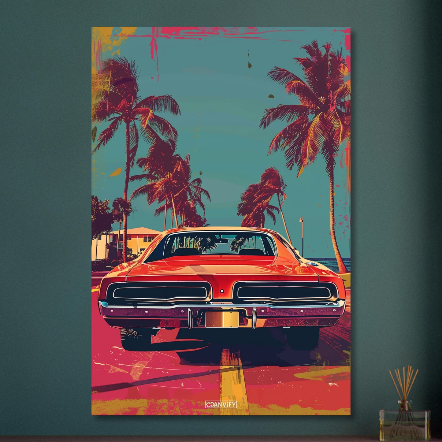 Dodge Challenger aus dem Jahr 1970 in roter Farbe in Miami mit Palmen malerisch dargestellt auf Aluminium
