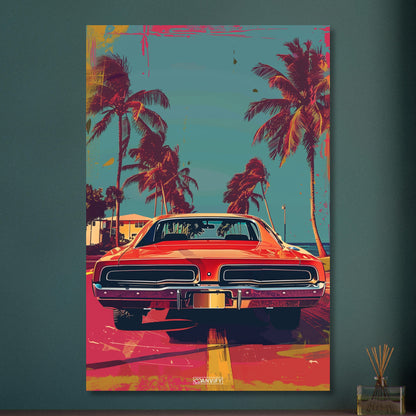 Dodge Challenger aus dem Jahr 1970 in roter Farbe in Miami mit Palmen malerisch dargestellt auf Aluminium