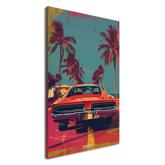 Dodge Challenger aus dem Jahr 1970 in roter Farbe in Miami mit Palmen malerisch dargestellt auf einer Leinwand