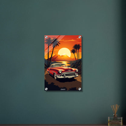 Cadillac Series 62 Convertible in roter Farbe bei einem Sonnenuntergang malerisch dargestellt auf einem Acrylbild