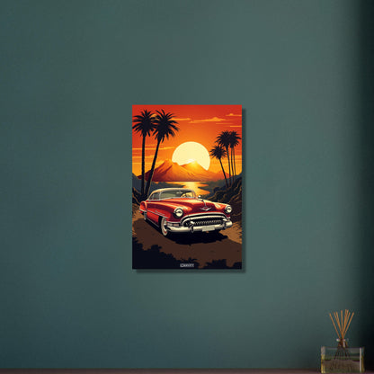 Cadillac Series 62 Convertible in roter Farbe bei einem Sonnenuntergang malerisch dargestellt auf Aluminium
