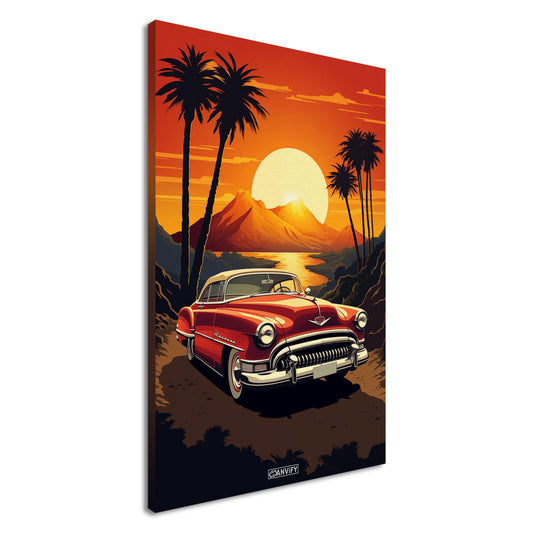 Cadillac Series 62 Convertible in roter Farbe bei einem Sonnenuntergang malerisch dargestellt auf einer Leinwand