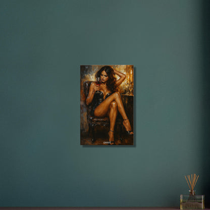 Schöne und elegante Frau mit einem Glas Rotwein in der Hand auf einer Leinwand