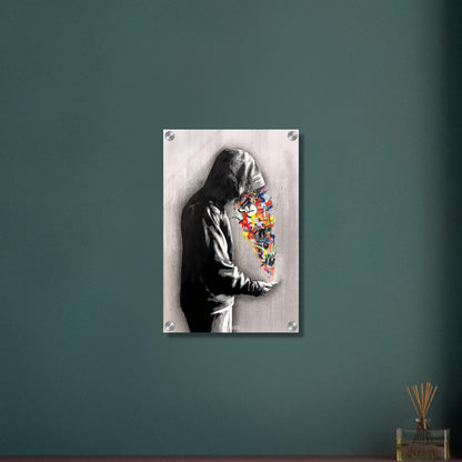 Graffiti von einem Jungen mit Hoodie im Stil von Banksy auf einem Acrylbild