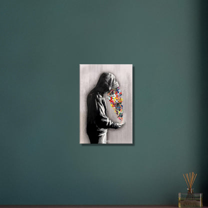 Graffiti von einem Jungen mit Hoodie im Stil von Banksy auf einer Leinwand