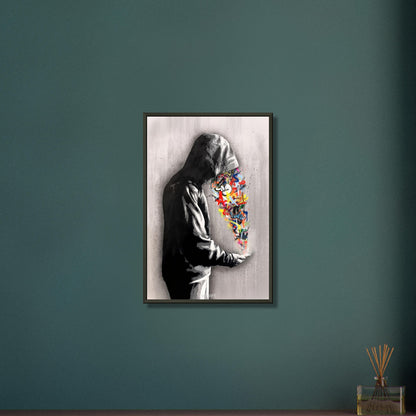Graffiti von einem Jungen mit Hoodie im Stil von Banksy auf einem Poster im Metallrahmen
