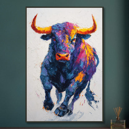 Stier mit bunten Acrylfarben gemalt auf einem Poster im Metallrahmen