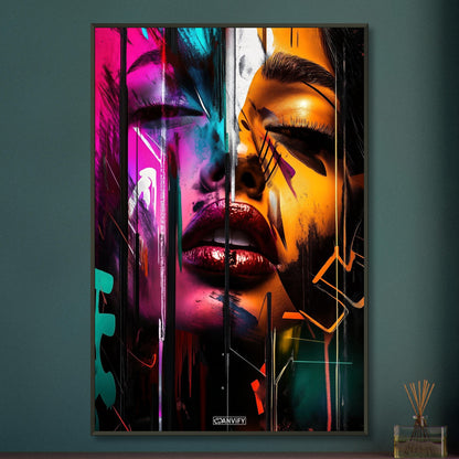 Hübsches Gesicht einer Frau in bunten und abstrakten Farben auf einem Poster im Metallrahmen