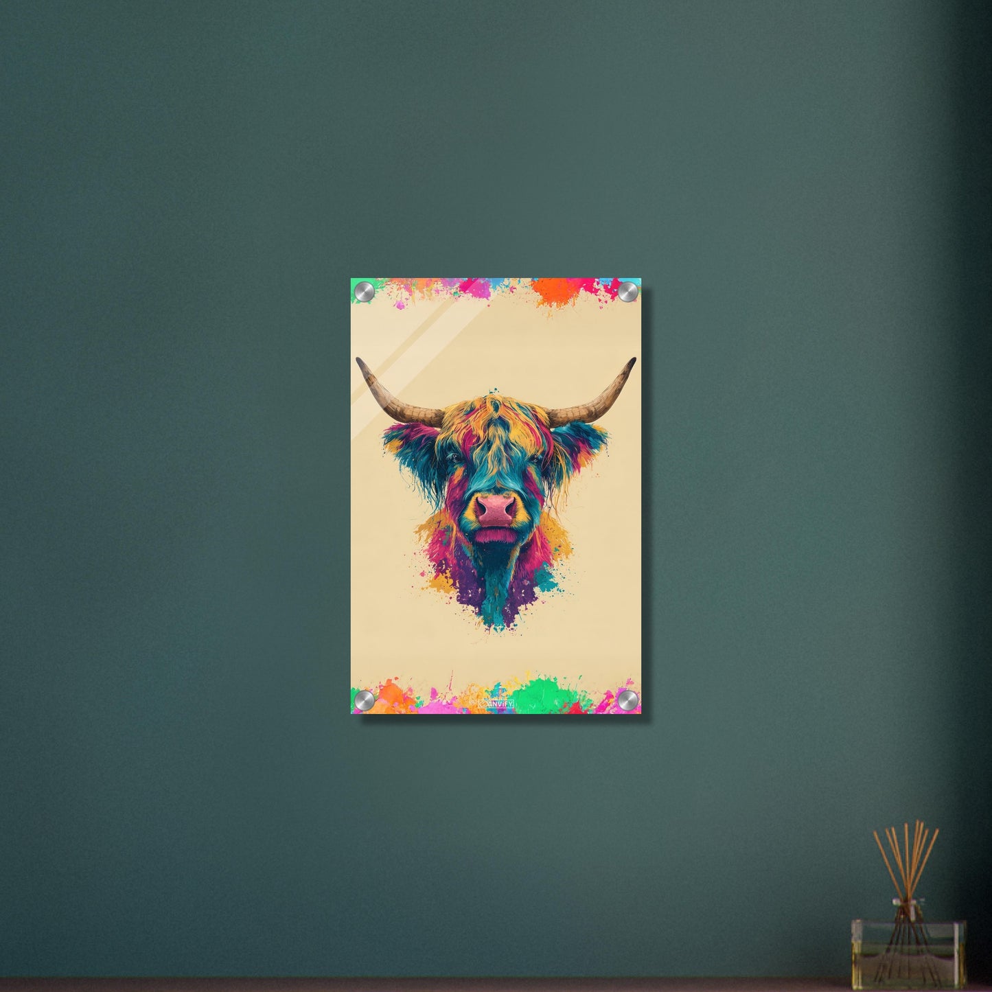 Buntes Hochlandrind Portrait auf einem Acrylbild