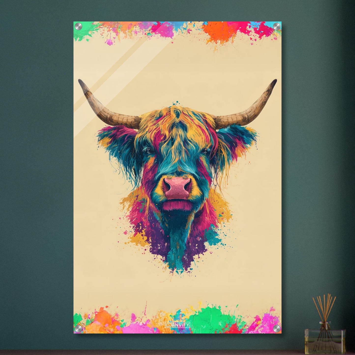 Buntes Hochlandrind Portrait auf einem Acrylbild
