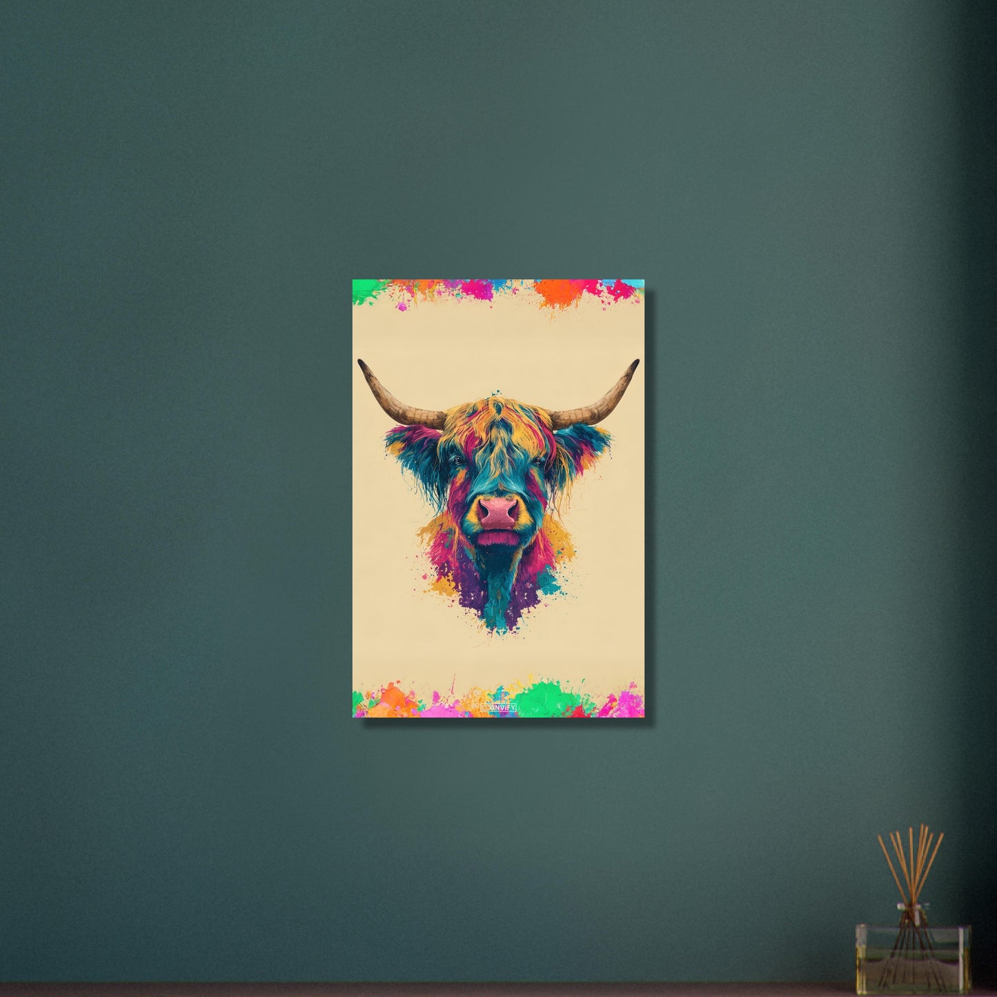 Buntes Hochlandrind Portrait auf Aluminium