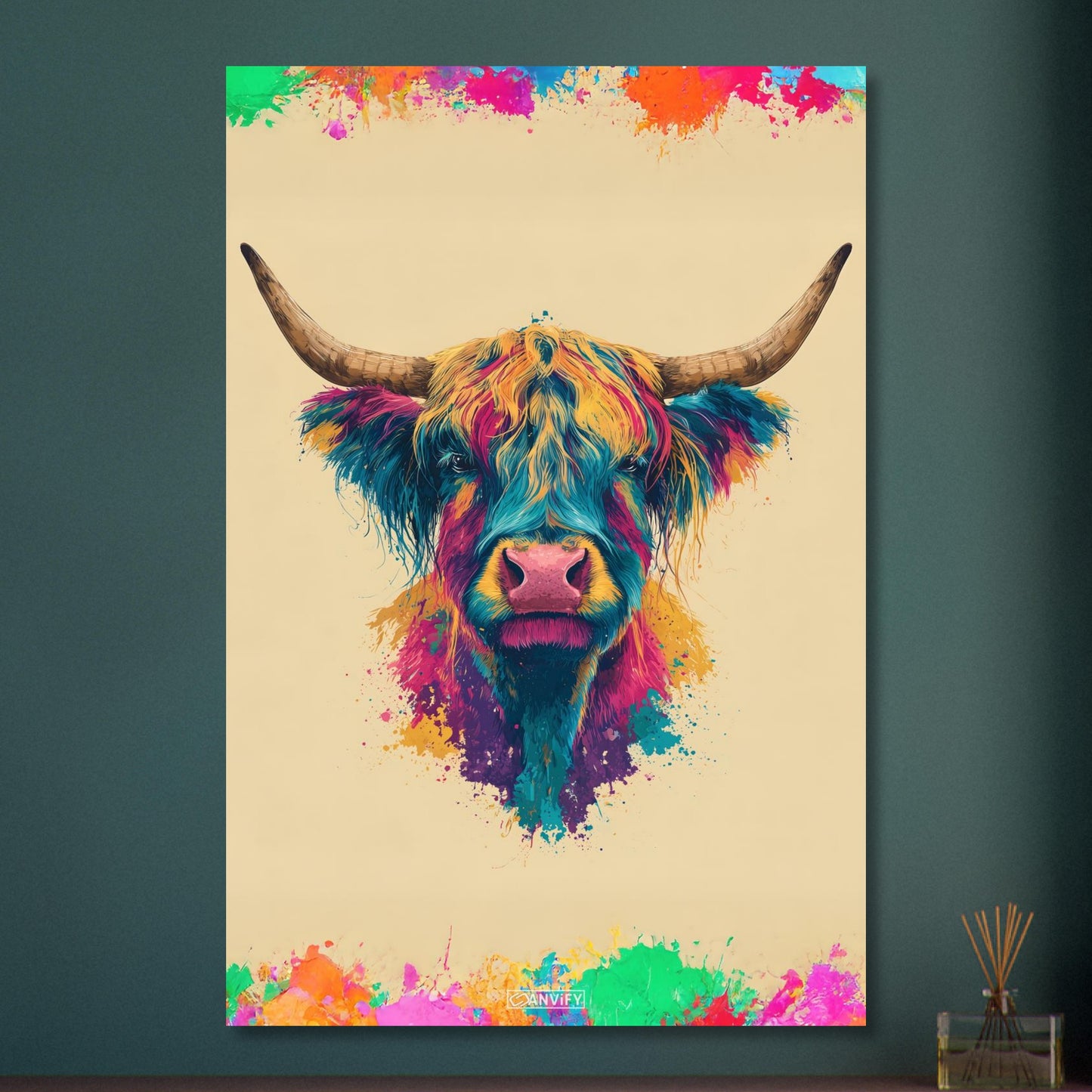 Buntes Hochlandrind Portrait auf Aluminium
