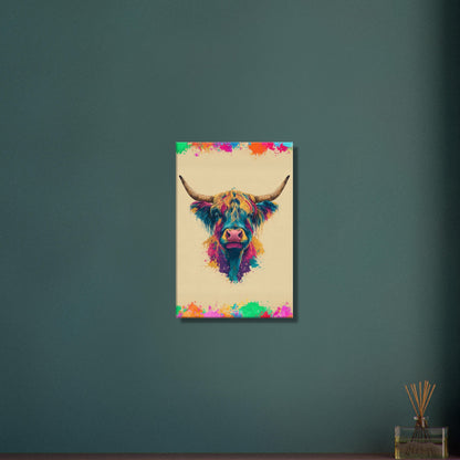 Buntes Hochlandrind Portrait auf einer Leinwand