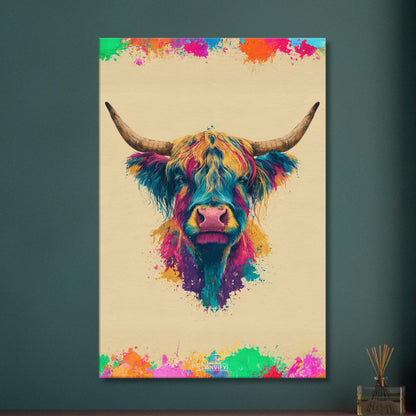 Buntes Hochlandrind Portrait auf einer Leinwand