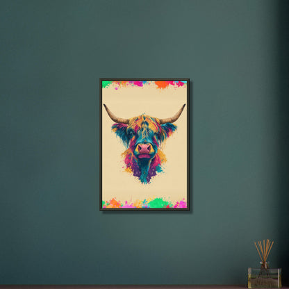 Buntes Hochlandrind Portrait auf einem Poster im Metallrahmen