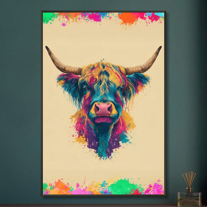 Buntes Hochlandrind Portrait auf einem Poster im Metallrahmen