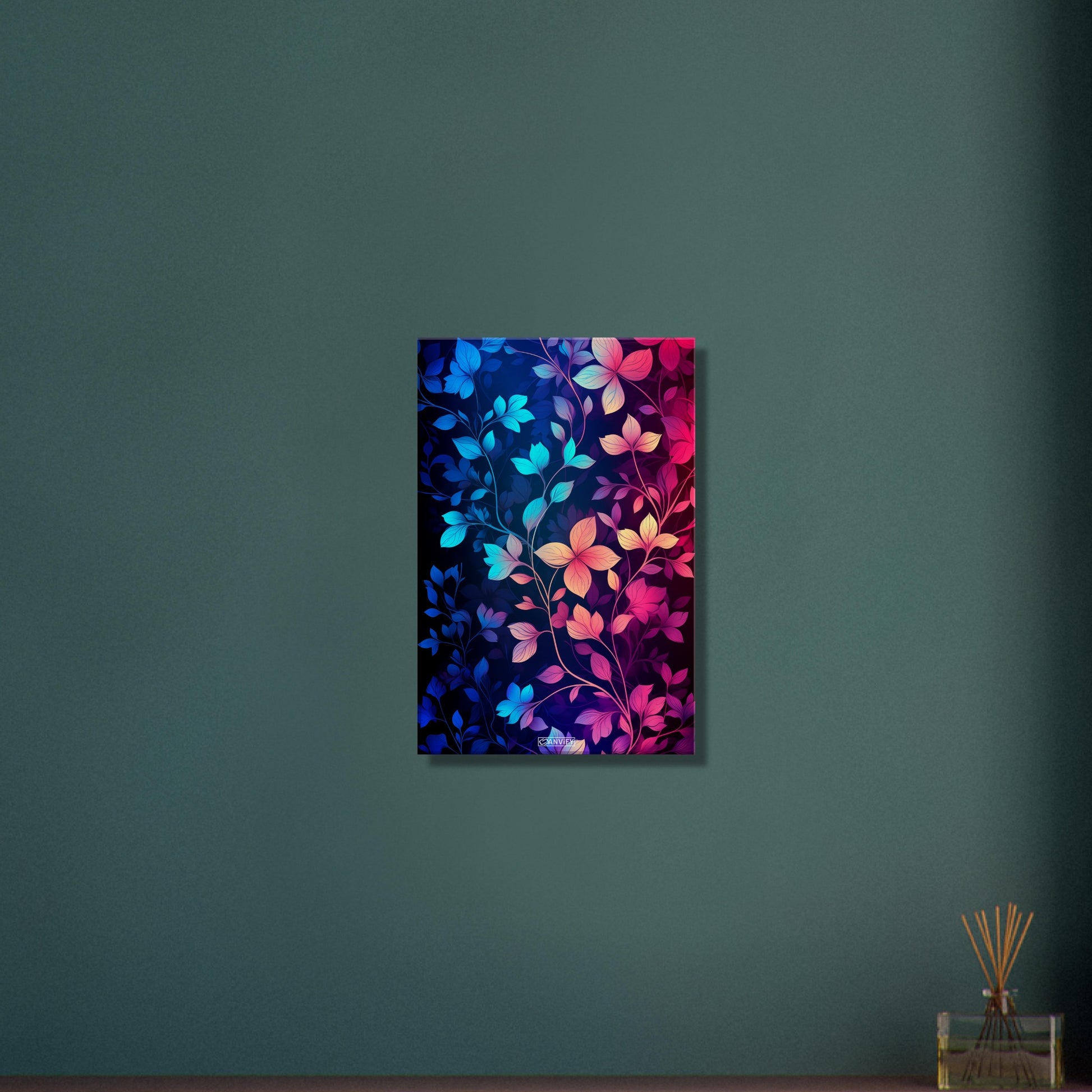 Bunte Blätter in Blauen und Pinken Farben auf einer Leinwand