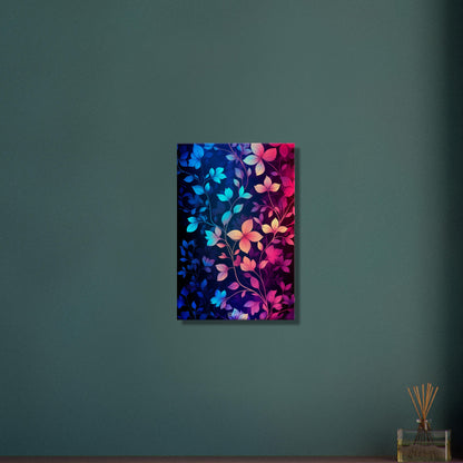 Bunte Blätter in Blauen und Pinken Farben auf einer Leinwand
